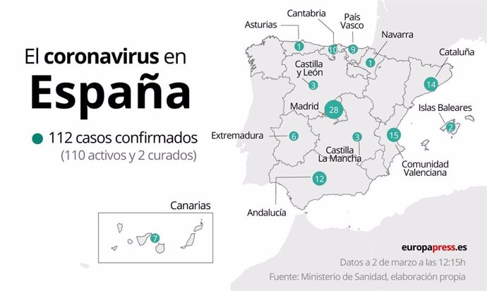 Mapa con casos de coronavirus en España a 2 de marzo a las 12:20h