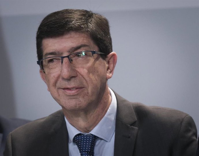 El vicepresidente de la Junta de Andalucía, Juan Marín, en rueda de prensa.