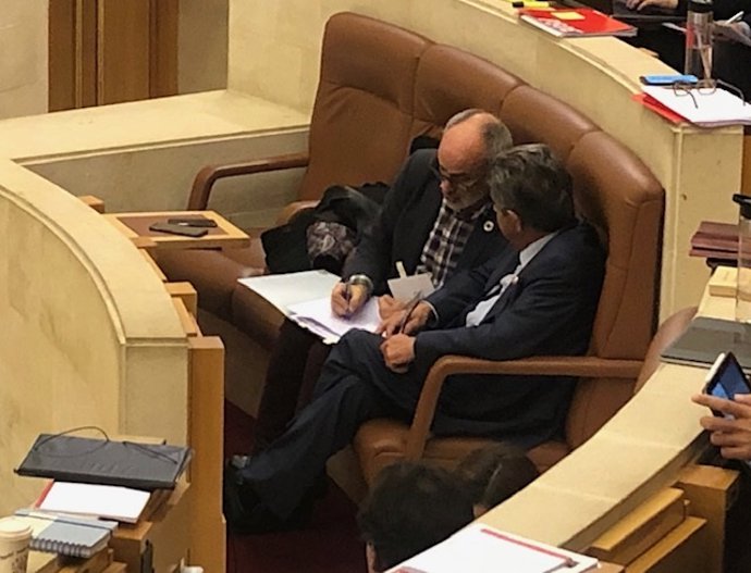 El consejero de Sanidad, Miguel Rodríguez, y el presidente de Cantabria, Miguel Ángel Revilla conversan en el Pleno