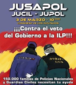 Cartel concentración policías nacionales y guardias civiles contra el "veto" a la ILP de Jusapol