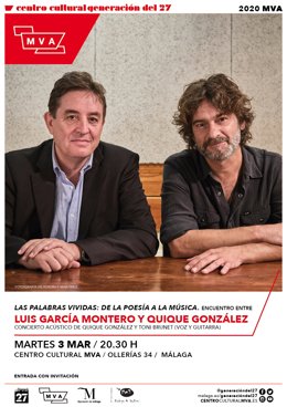 Cartel del encuentro del poeta Luis García Montero y el músico Quique González, que analizarán la experiencia de la creación en un encuentro en el MVA de Málaga