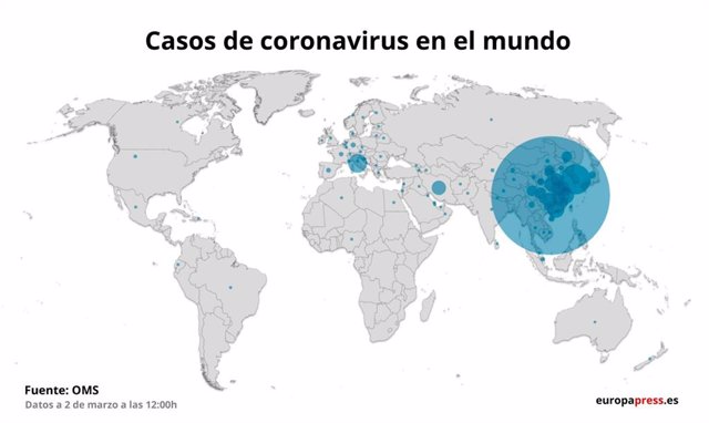 Mapa con casos de coronavirus por países a 2 de marzo a las 12:00