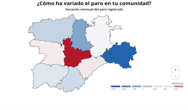 Mapa de elaboración propia sobre la evolución del paro en febrero de 2020 por provincias