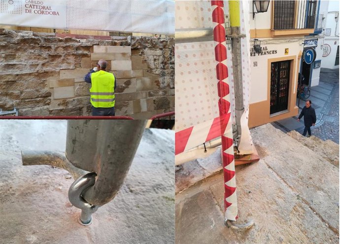 Imágenes sobre el anclaje de tornillos en muros y andenes de la Mezquita-Catedral de Córdoba.