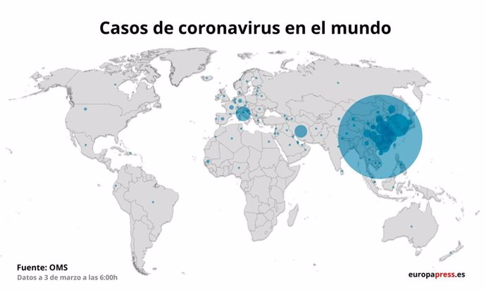 Mapa con casos de coronavirus en el mundo a 3 de marzo