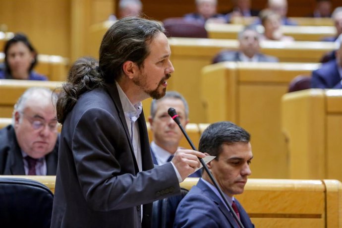 El vicepresidente segundo del Gobierno de España y ministro de Derechos Sociales y Agenda 2030, Pablo Iglesias, responde sobre la pregunta de los abusos a menores tutelados en las Islas Baleares, en el Senado, en Madrid, a 25 de febrero de 2020.