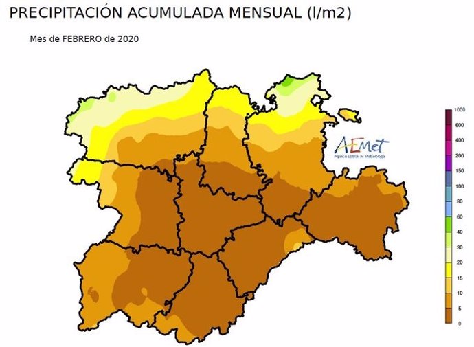 Mapa facilitado por la Aemet sobre las precipitaciones del mes de febrero