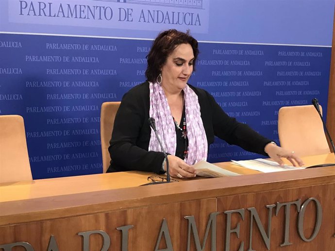 La portavoz adjunta de Adelante Andalucía en el Parlamento andaluz, Ángela Aguilera, en rueda de prensa.