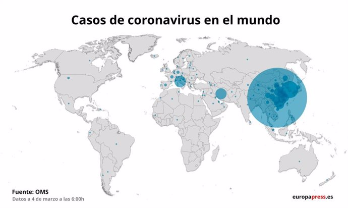 Mapa amb casos de coronavirus al món el 4 de mar.