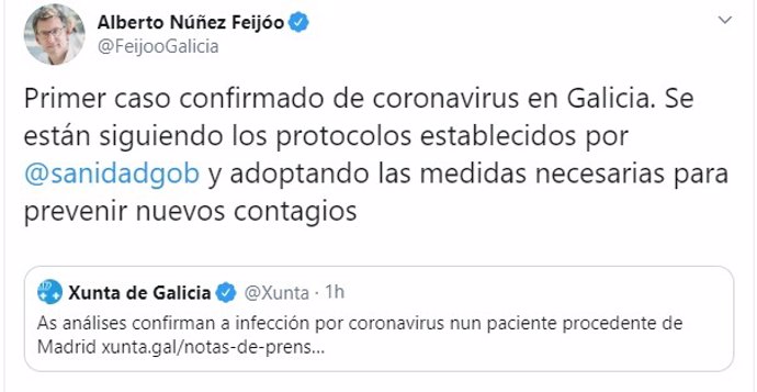 Tuit del presidente de la Xunta sobre el coronavirus