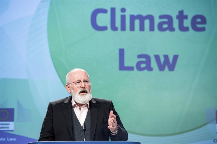 HANDOUT - 04 March 2020, Belgium, Brussels: European Commission Vice President Frans Timmermans speaks during a press conference on the European Climate Law at the EU headquarters. Photo: Lukasz Kobus/European Commission/dpa - ATTENTION: editorial use o