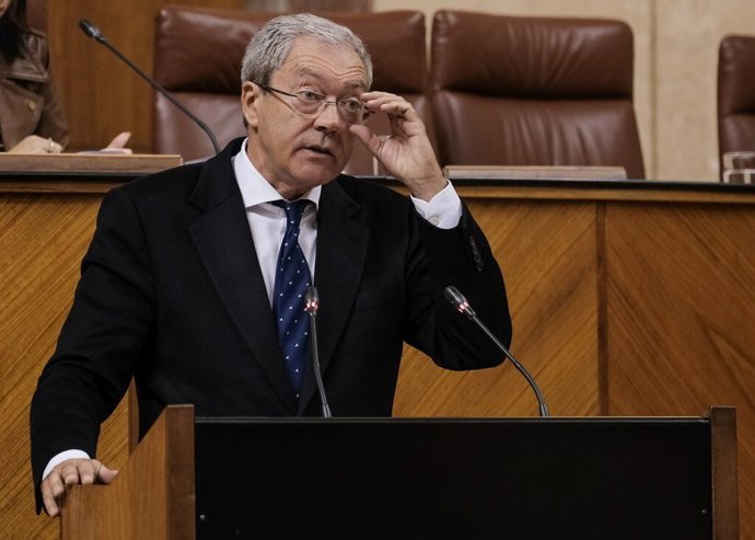 El consejero de Economía, Conocimiento, Empresas y Universidad, Rogelio Velasco, en el Pleno del Parlamento. (Foto de archivo).