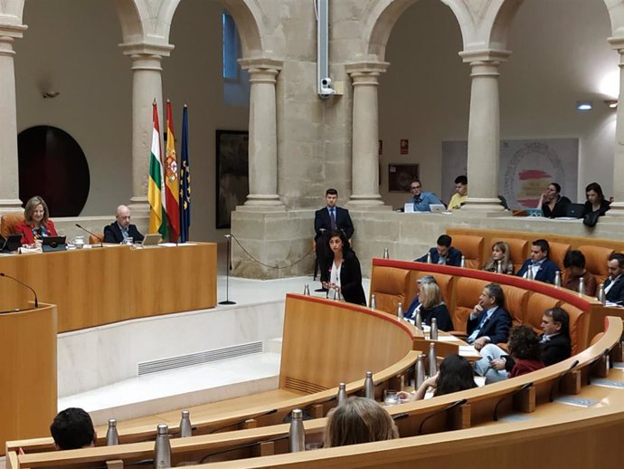 La presidenta del Gobierno riojano, Concha Andreu, responde desde el escaño en el Parlamento riojano