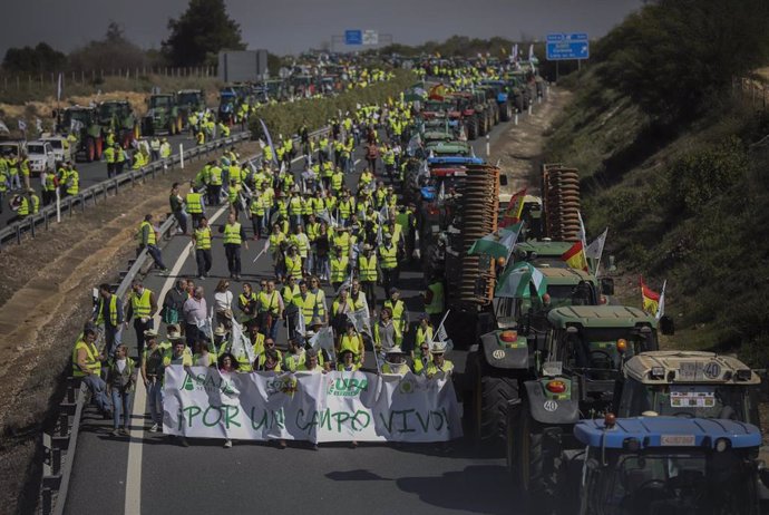 Manifestantes cortando la A-4 en Carmona durante la tractorada organizada por agricultores en Sevilla, a 25 de febrero de 2020.