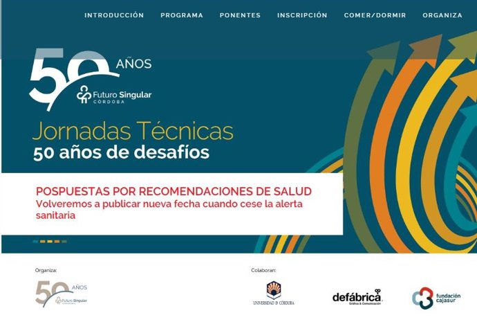 Portada de la web de las Jornadas Técnicas de Futuro Singular Córdoba que anuncia su suspensión.