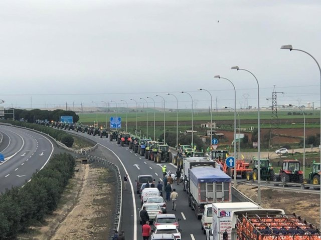Tractorada del sector agrario onubense para pedir mejoras en los costes de producción.