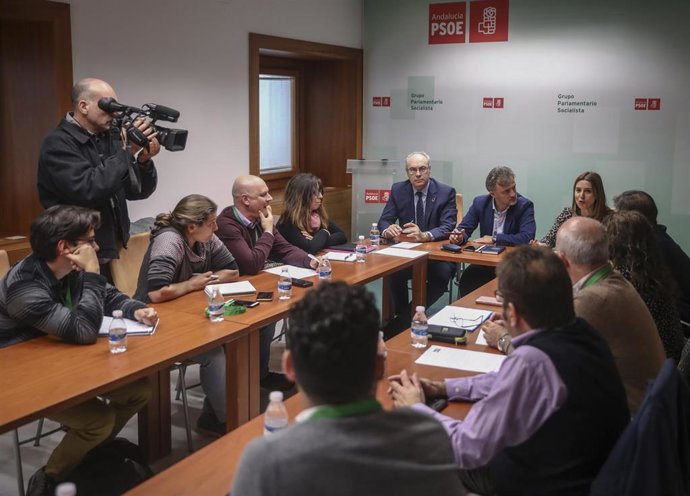 una delegación socialista encabezada por el portavoz del Grupo Parlamentario, José Fiscal (c), y la portavoz de Educación, Beatriz Rubiño (d), se reúne con representantes de los sindicatos convocantes de la huelga educativa. En el Parlamento de Andalucí