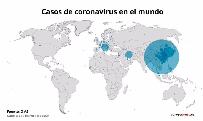 Mapa con casos de coronavirus en el mundo a 5 de marzo a las 11:00
