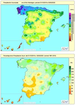 Balance de precipitaciones desde el 1 de octubre de 2019 hasta el 3 de marzo de 2020 en el conjunto de España.
