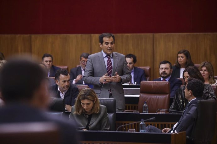El portavoz del grupo parlamentario popular, José Antonio Nieto (c) durante su intervención en la sesión de control al gobierno. En el Parlamento de Andalucía. Sevilla, (Andalucía, España), a 05 de marzo de 2020.