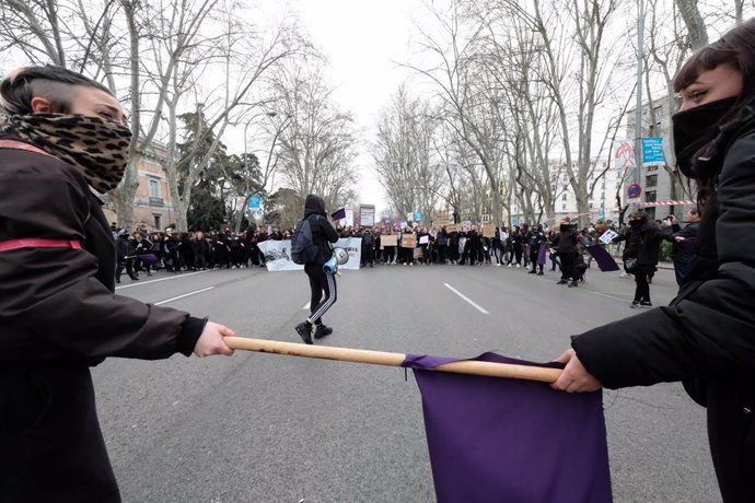 Dues dones amb la cara tapada sostenen un pal amb una bandera lila davant la manifestació del 8M 