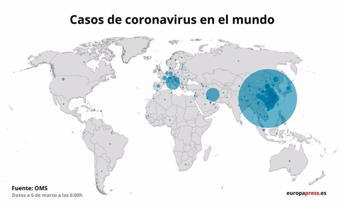 Mapa amb casos de coronavirus a 6 de mar