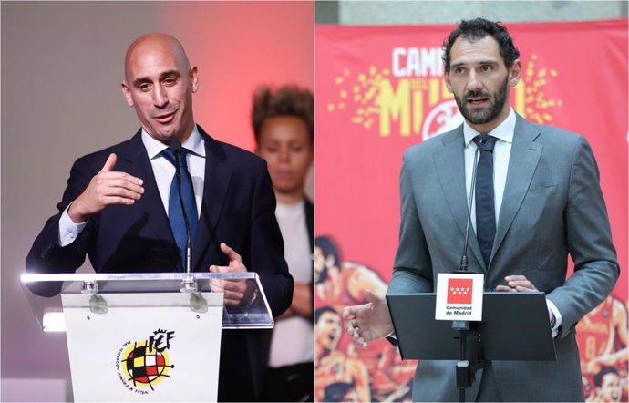 El presidente de la Real Federación Española de Fútbol (RFEF), Luis Rubiales, y el de la Federación Española de Baloncesto (FEB), Jorge Garbajosa