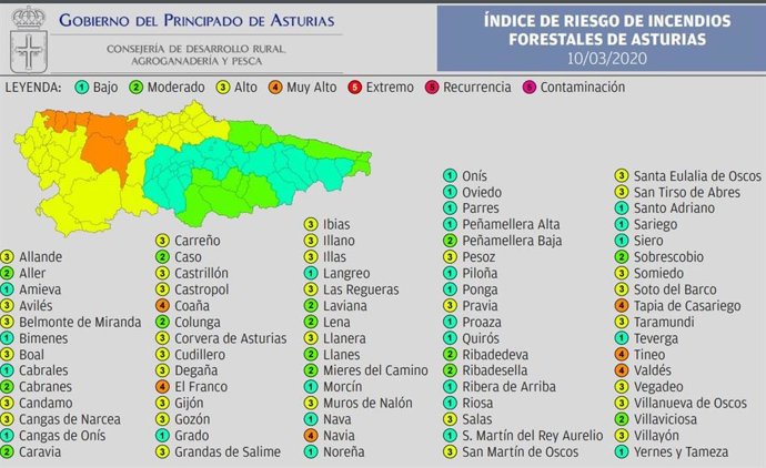 Mapa del índice de incendios forestales.