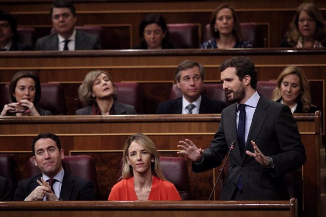 El presidente del PP, Pablo Casado, pregunta al presidente del Gobierno, Pedro Sánchez, durante una sesión de control al Gobierno en el Congreso de los Diputados, Madrid 