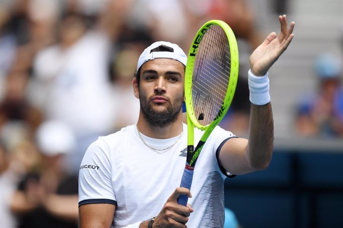 Matteo Berrettini of Italy gestures after winning his first round match against Andrew Harris of Australia on day one of the Australian Open tennis tournament at Melbourne Arena in Melbourne, Monday, January 20, 2020
