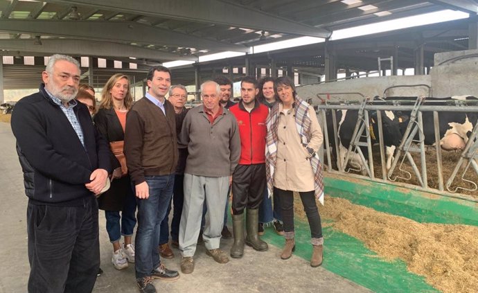 El candidato del PSdeG a la Presidencia de la Xunta, Gonzalo Caballero, visita una explotación ganadera junto a miembros de su candidatura