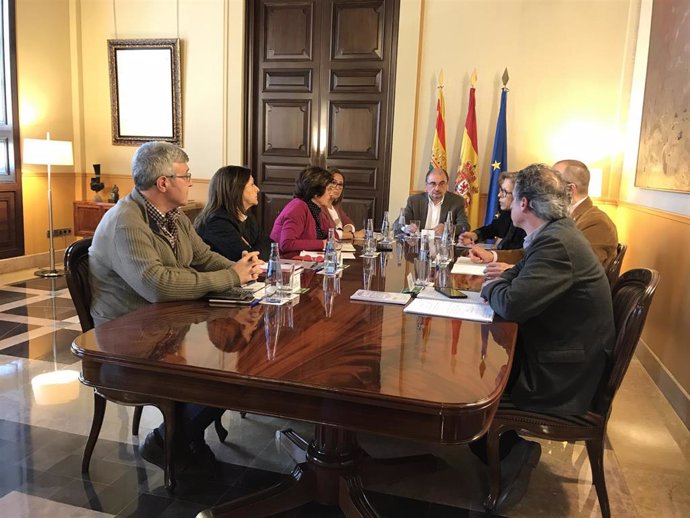 El presidente del Gobierno de Aragón, Javier Lambán, en la reunión de la mesa interna de la DGA sobre coronavirus.