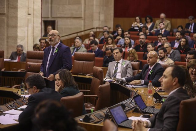 El portavoz del grupo parlamentario Vox, Alejandro Hernández (i), durante su intervención en un Pleno del Parlamento (Foto de archivo).