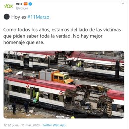 Captura del tweet de Vox sobre los atentados del 11M