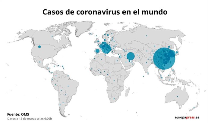 Mapa con casos de coronavirus en el mundo