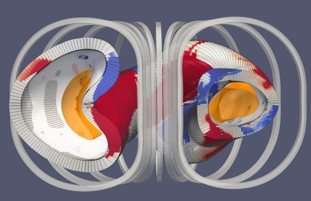 Imagen esquemática de estellarador de imán permanente con plasma en amarillo. Rojo y azul indican imanes permanentes con bobinas simplificadas que rodean el recipiente.