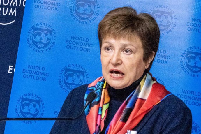 HANDOUT - 20 January 2020, Switzerland, Davos: Kristalina Georgieva, Managing Director of the International Monetary Fund (IMF), speaks during a press conference on the IMF World Economic Outlook Update. Photo: Greg Beadle/World Economic Forum/dpa - ATT