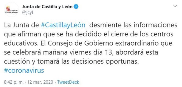Captura del tuit de la Junta de Castilla y León.