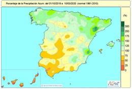 Distribución de las lluvias acumuladas en España desde que comenzó el año hidrológico, el 1 de octubre de 2019 hasta el 12 de marzo de 2020.