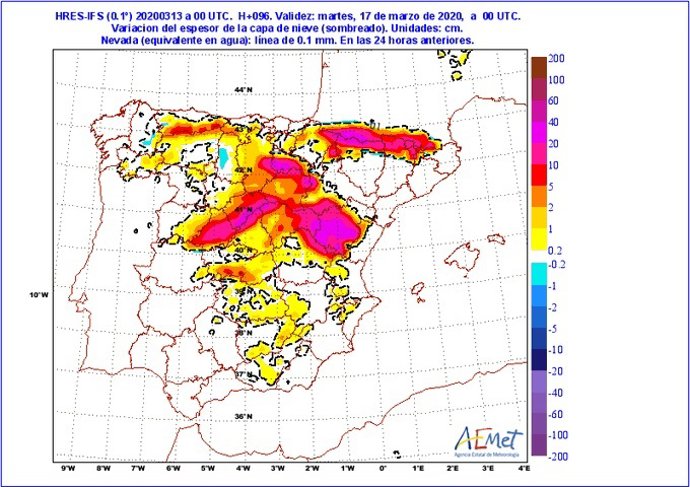 Mapa elaborado por la Aemet sobre la previsión de nieve a partir del lunes