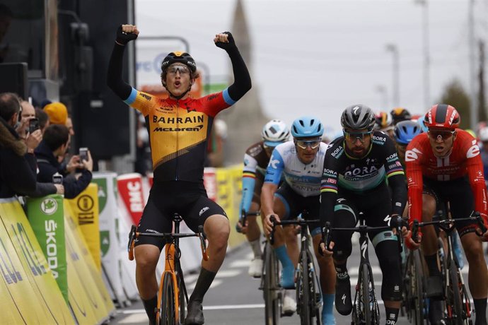 10 March 2020, France, La Chatre: Spanish cyclist Ivan Garcia Cortina of team Bahrain-Merida celebrates winning the third stage of the 78th edition of the 2020 Paris-Nice cycling race, 212.5 km from Chalette-sur-Loing to La Chatre