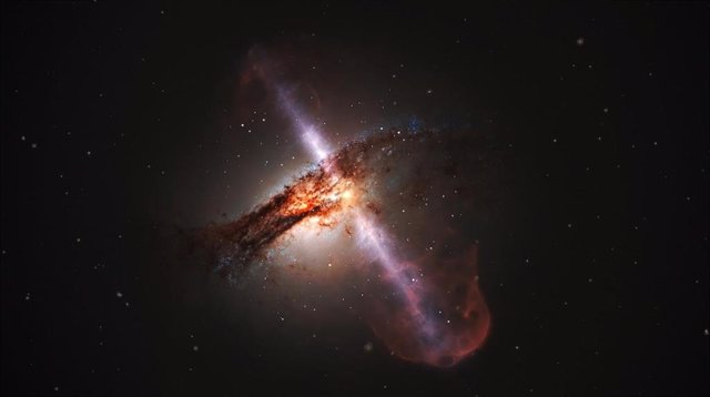 Un núcleo galáctico activo, o cuásar, alberga un agujero negro con un disco de acumulación de materia en órbita alrededor y dos chorros de plasma emitiendo hacia afuera