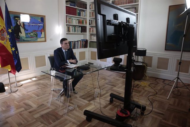 El presidente del Gobierno, Pedro Sánchez, preside por videoconferencia la reunión interministerial para el seguimiento de medidas por el coronavirus, en la Moncloa, en Madrid (España), a 13 de marzo de 2020.