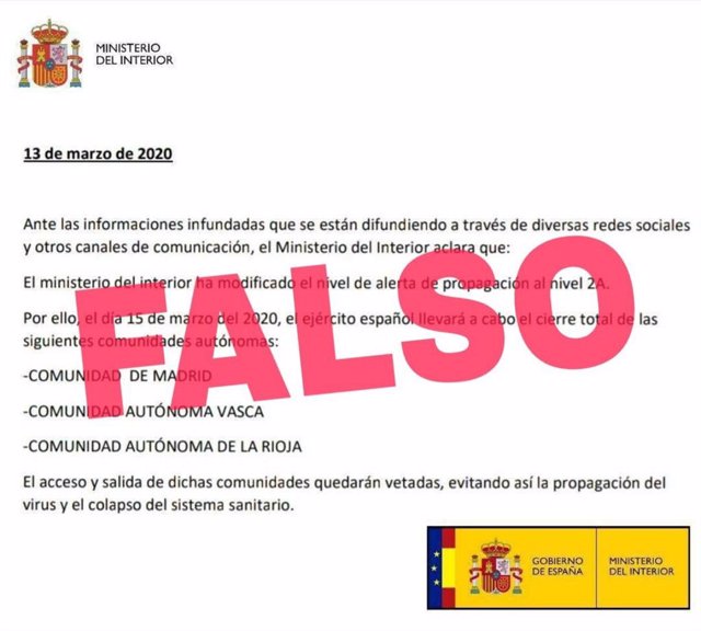 El Gobierno desmiente un bulo sobre el cierre de Madrid, La Rioja y el País Vasco.
