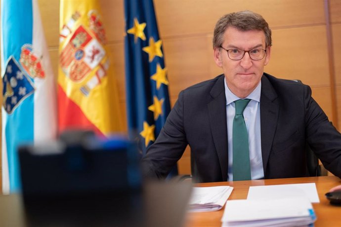 El presidente de la Xunta, Alberto Núñez Feijóo, en la reunión por videoconferencia con Pedro Sánchez