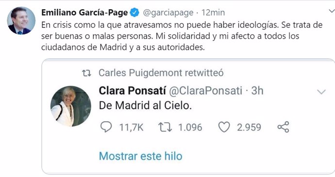 Tweet de García-Page cargando contra la exconsejera catalana Clara Ponsatí