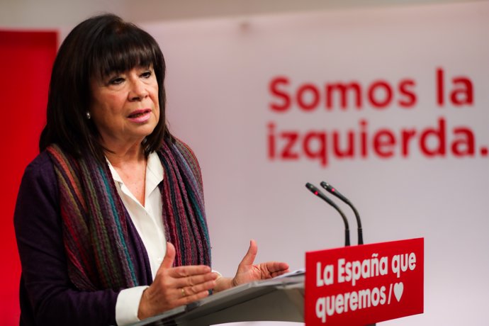 La presidenta del PSOE, Cristina Narbona en rueda de prensa tras la reunión de la Comisión Permanente, en la sede del PSOE de Ferraz, en Madrid (España), a 9 de marzo de 2020.