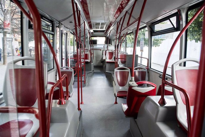 14 March 2020, Spain, Granada: Aview into an empty bus in Granada