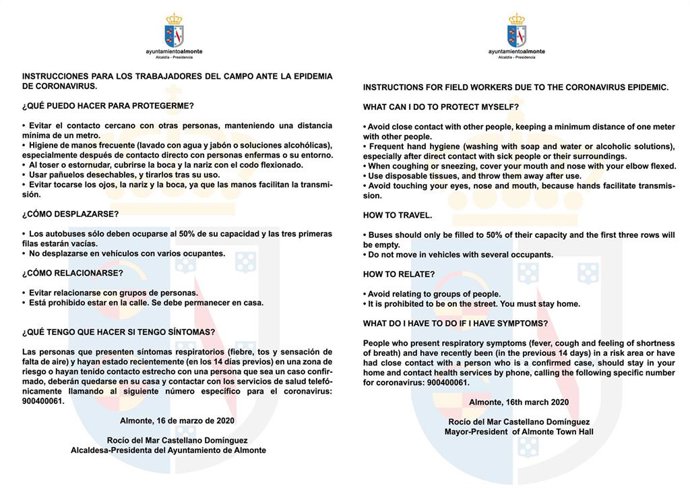 Instrucciones sobre el coronavirus en varios idiomas del Ayuntamiento de Almonte. 