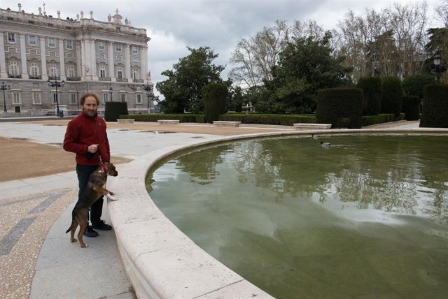 Un hombre pasea a su perro en los Jardines de la Plaza de Oriente junto al Palacio Real de Madrid